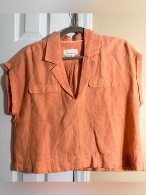 Anthropologie Peach Short-Sleeve Linen Button-Down Shirt